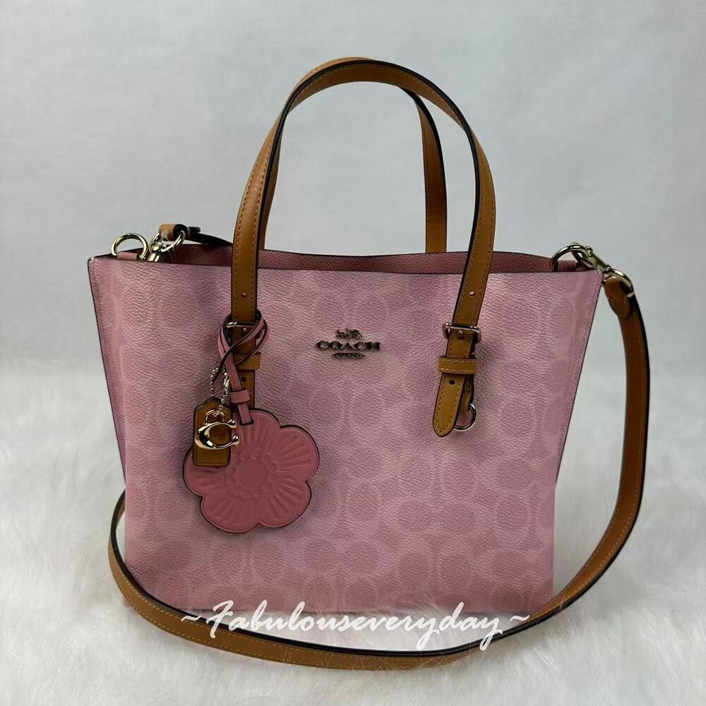 Coach Mollie Tote Bag 25 In Signature Canvas With Charms Gold/Powder Pink CER24